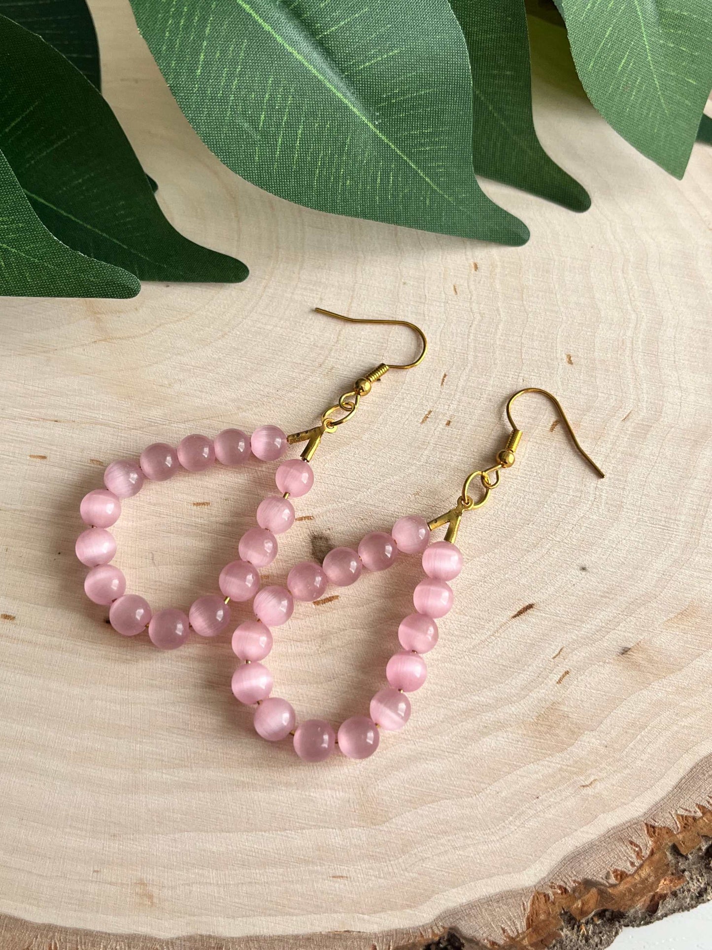 Pink Cat Eye Gold Opal Drop Earrings