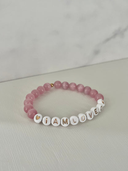 I AM LOVED pink opal or white faceted bead stone bracelet