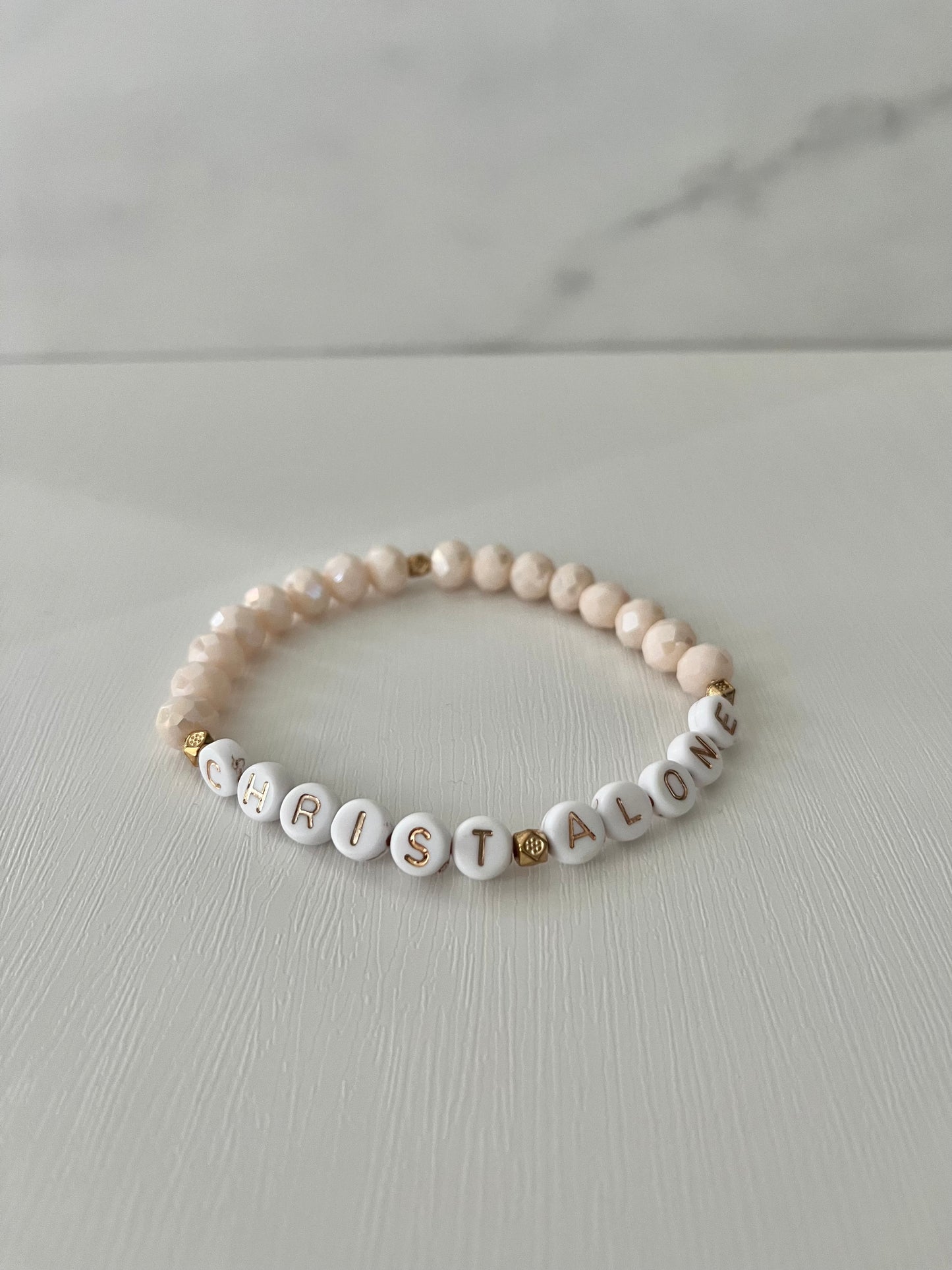 Christ Alone white stone or peach faceted beaded bracelet