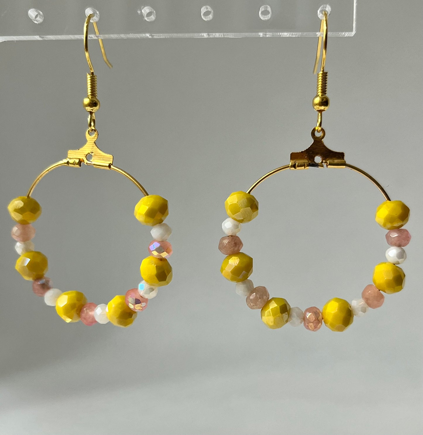 Yellow peach faceted glass gold hoop earrings