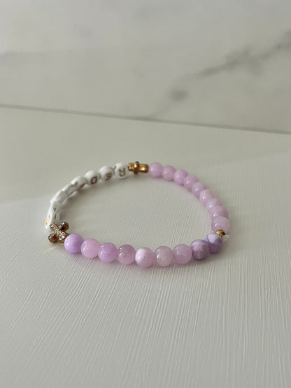 REDEEMED lavender glass stone bracelet with gold sequined crosses