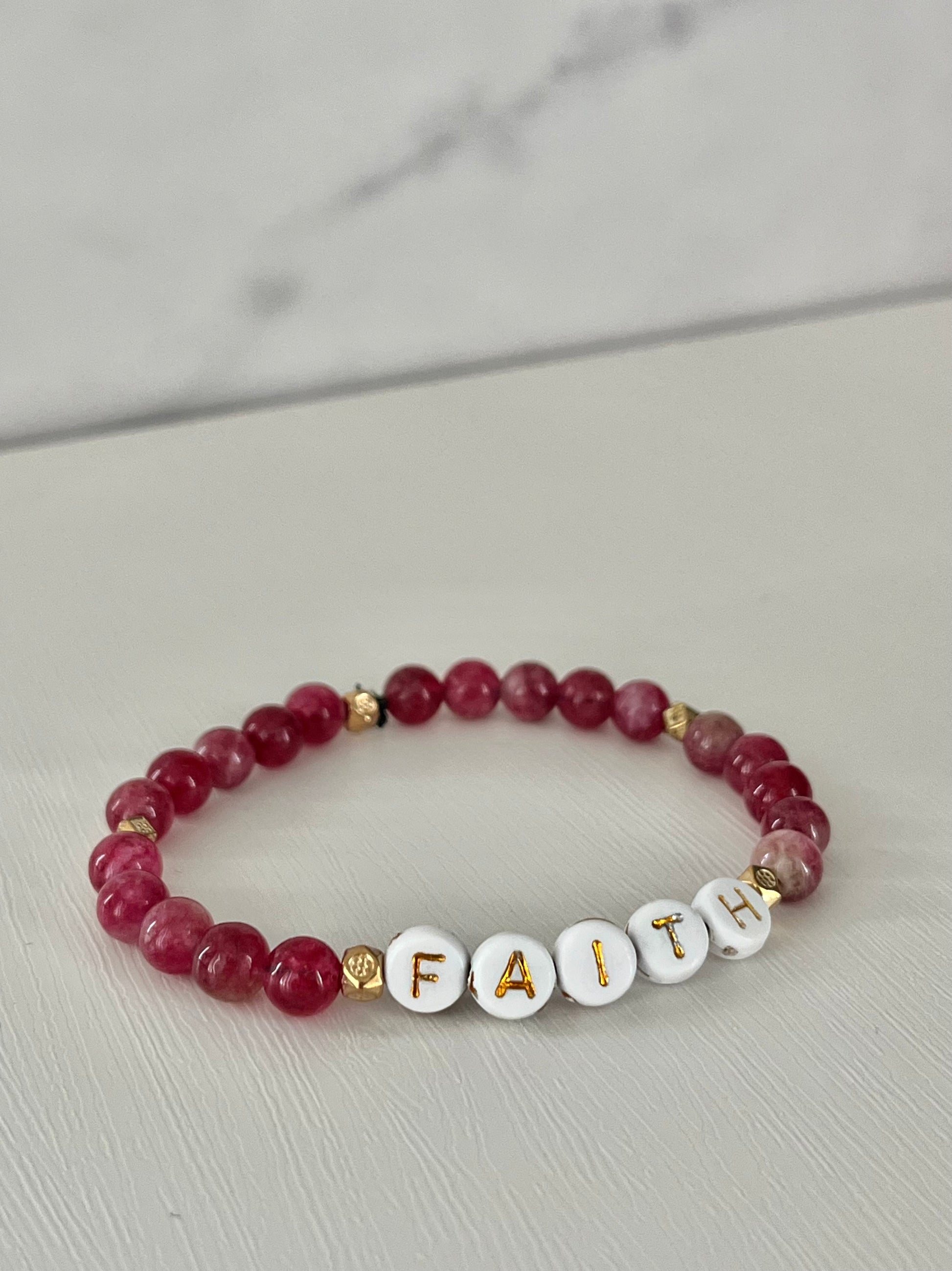 Faith red pink beaded stone bracelet