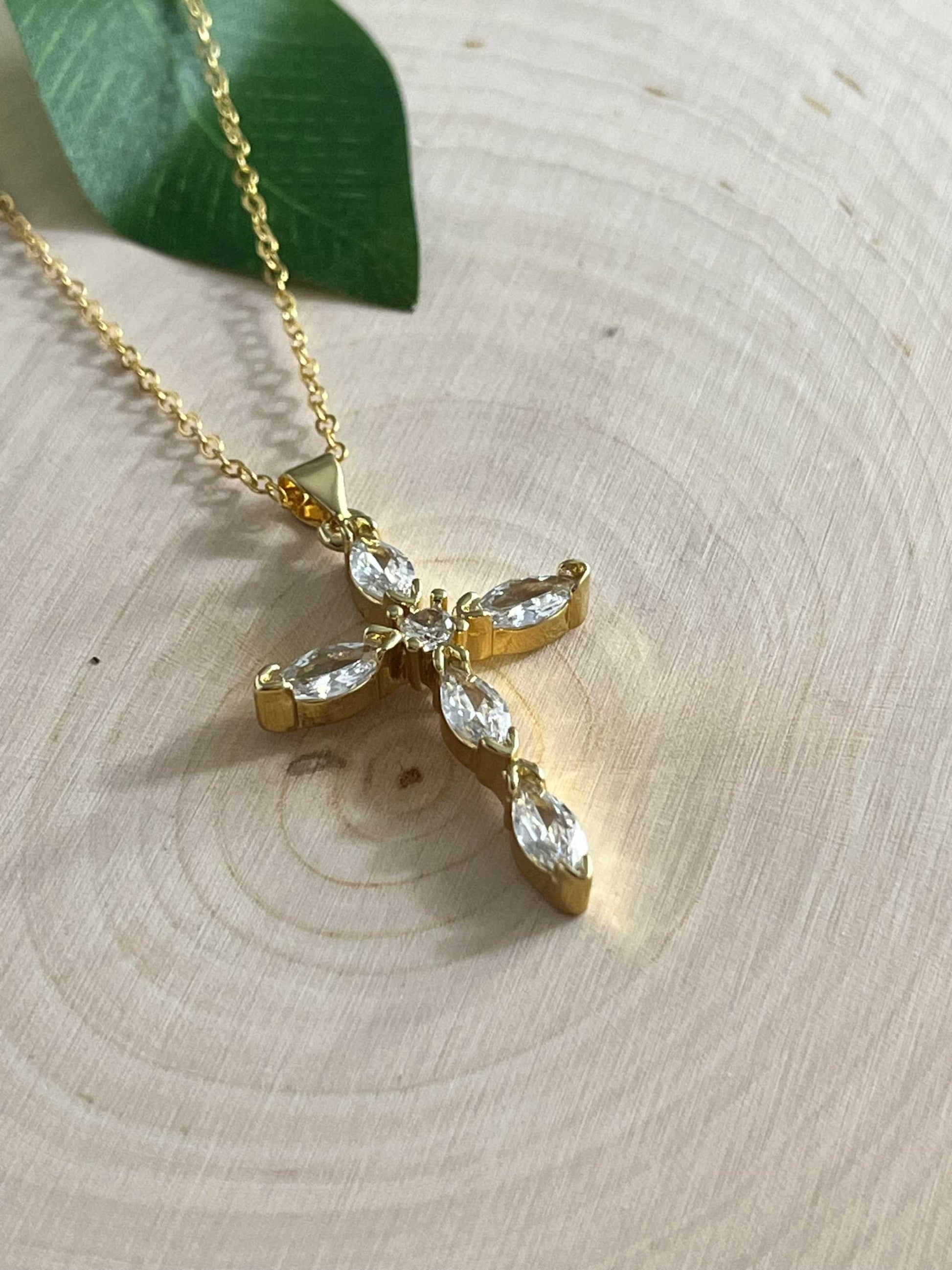 18K gold necklace with crystal cross pendant, elegant Christian jewelry