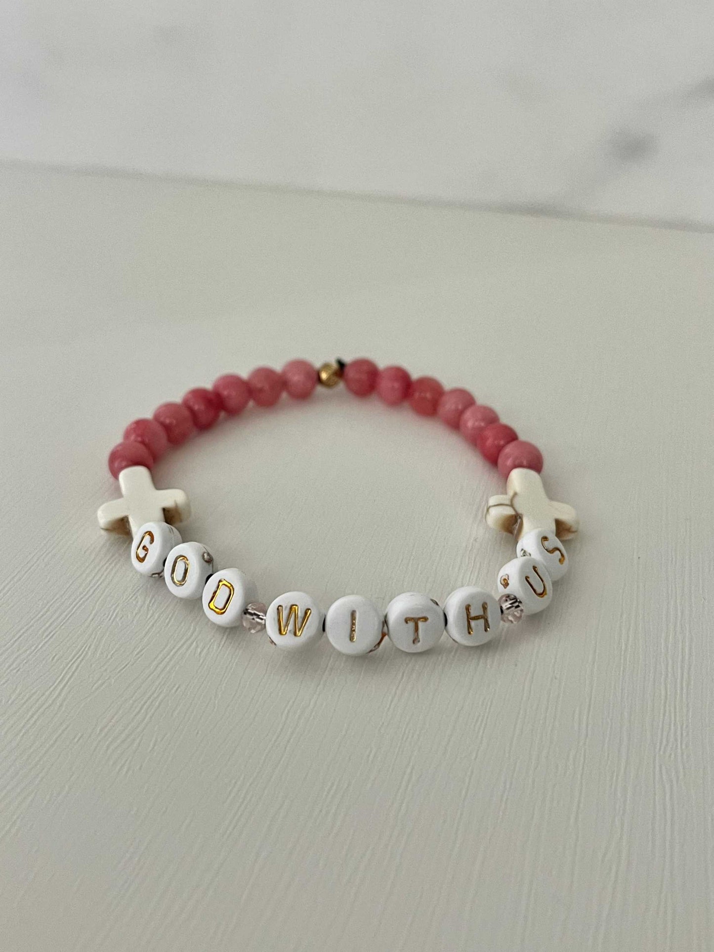 GOD WITH US pink marble beads bracelet, handmade Pink Marble God With Us Bracelet showcasing elegant pink marble beads and a charm, ideal for adding a touch of faith-inspired style to your collection.bracelet, womens bracelet, bracelet for women, stretch bracelet, stone bracelet