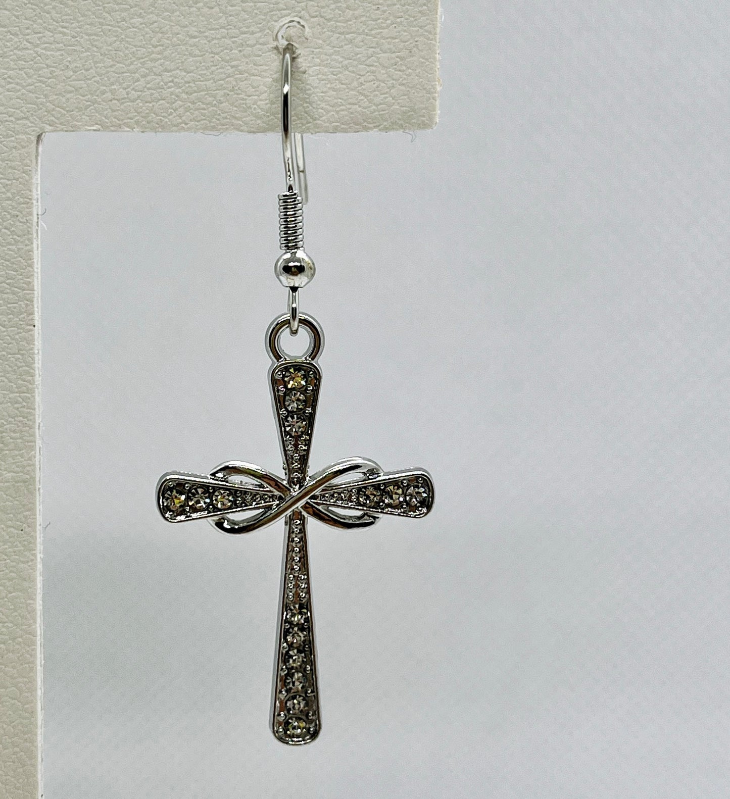 Silver jeweled cross hook earrings