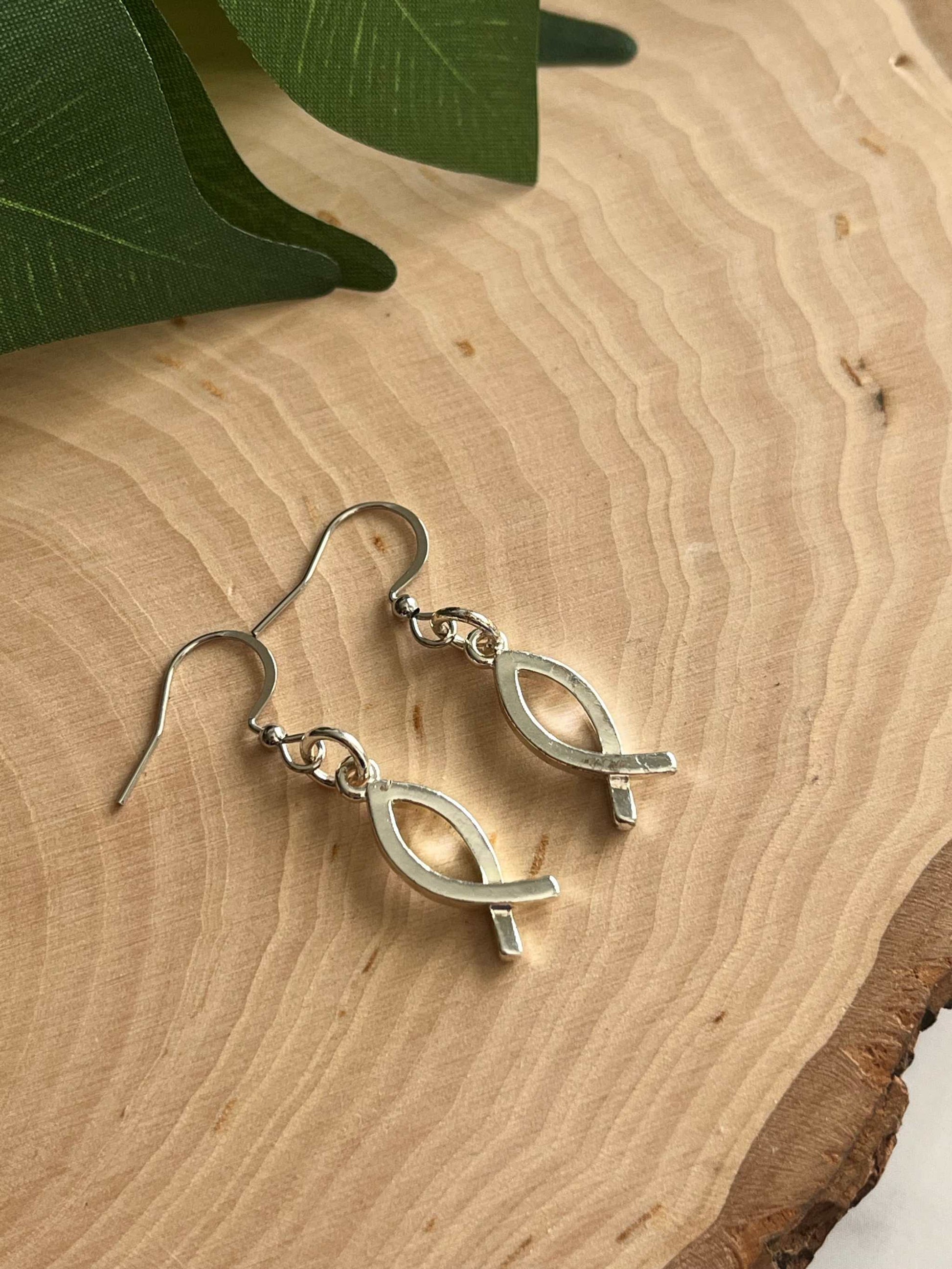 Silver Jesus Fish Earrings, Handmade Christian Jewelry