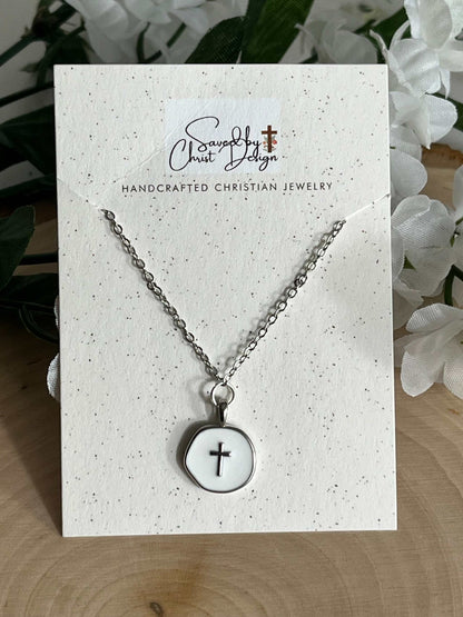 Silver necklace- white cross Christian jewelry hypoallergenic anti-tarnish