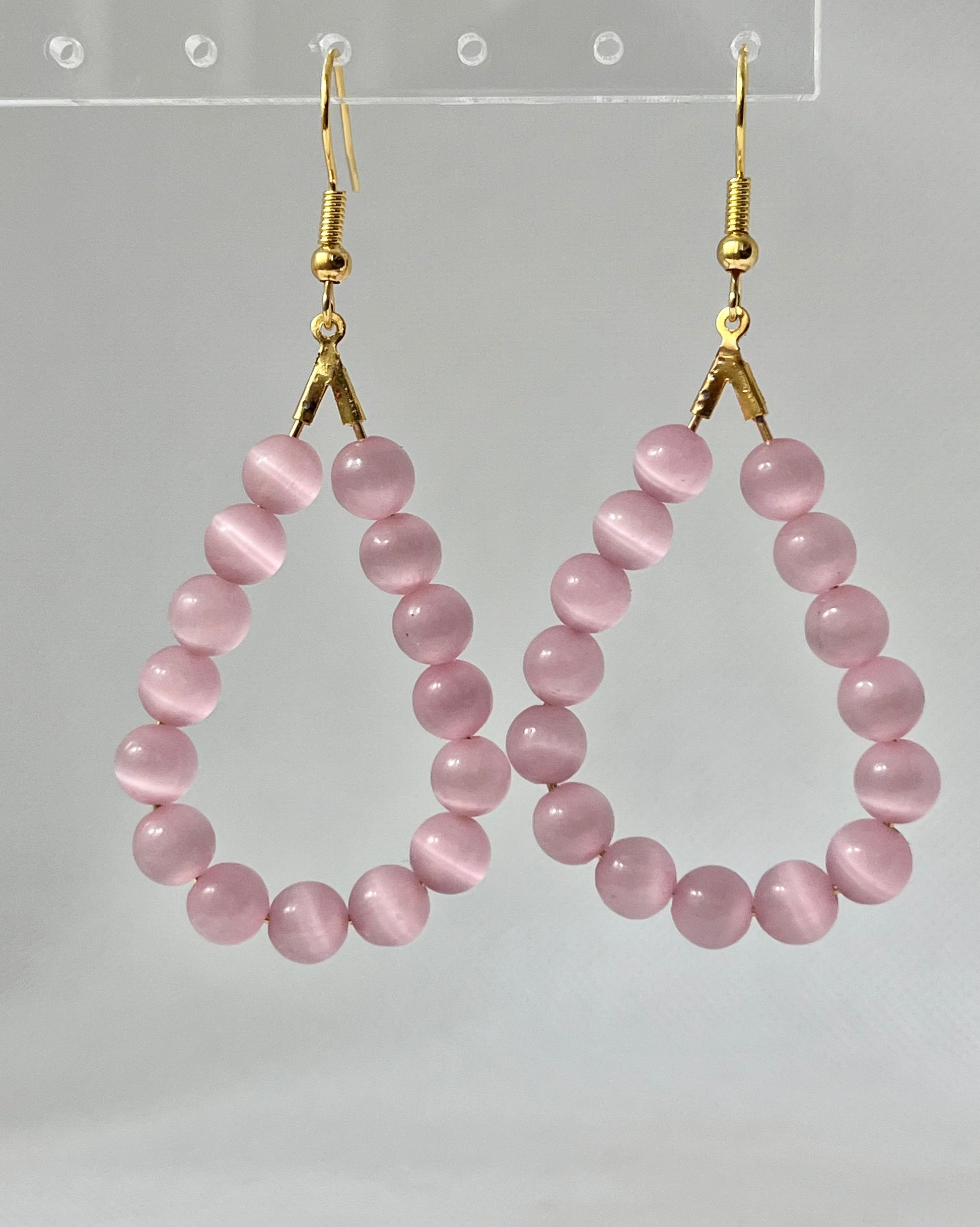 Pink cat’s eye opal gold drop earrings