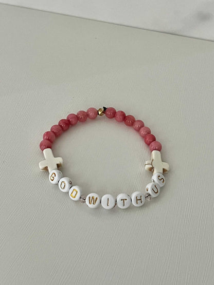 GOD WITH US pink marble beads bracelet, handmaPink Marble God With Us Bracelet showcasing elegant pink marble beads and a charm, ideal for adding a touch of faith-inspired style to your collection.de bracelet, womens bracelet, bracelet for women, stretch bracelet, stone bracelet