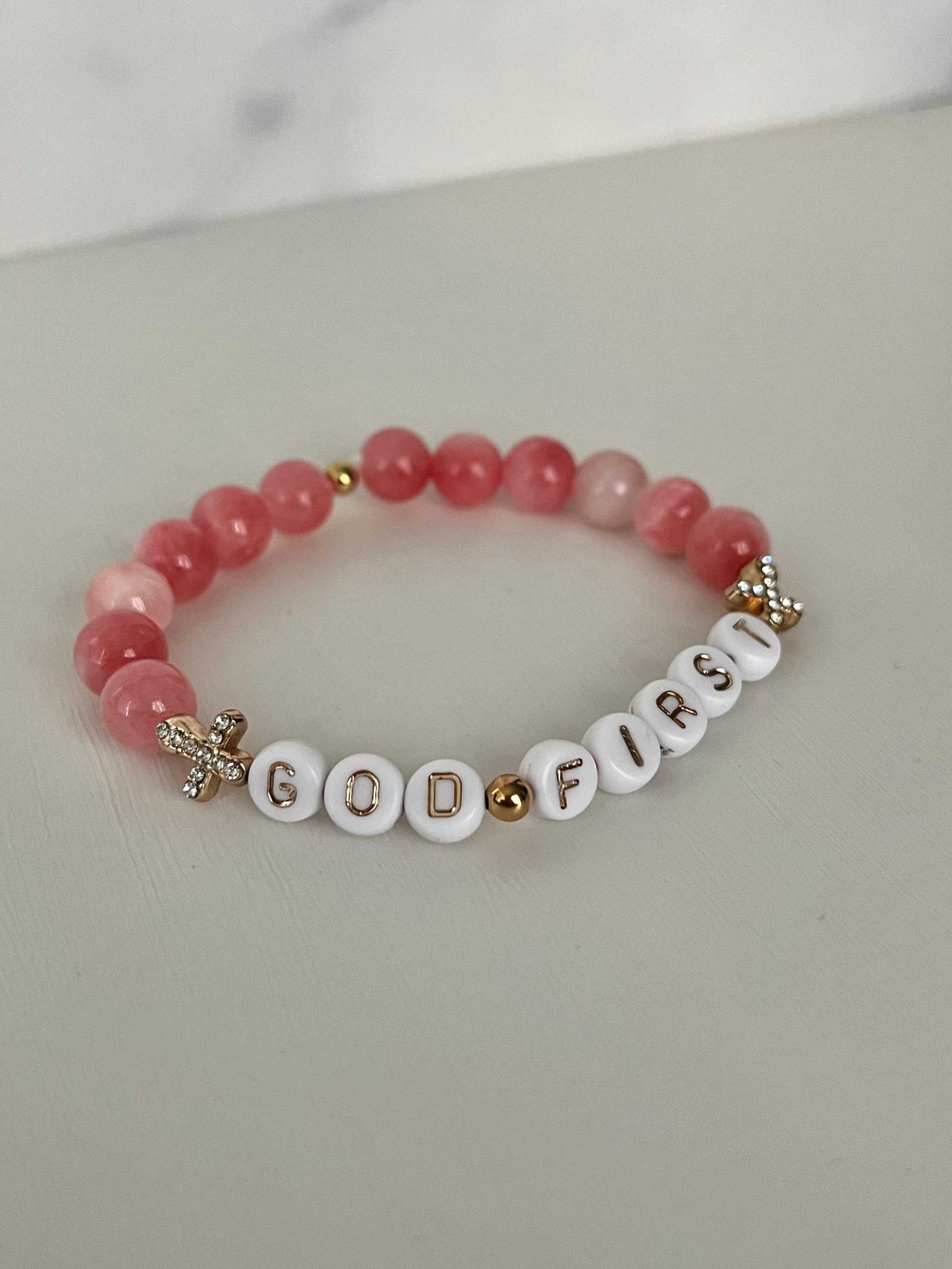 God First Bracelet with pink glass beads and jeweled crosses, faith-inspired jewelry