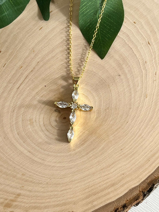 18K gold necklace with crystal cross pendant, elegant Christian jewelry