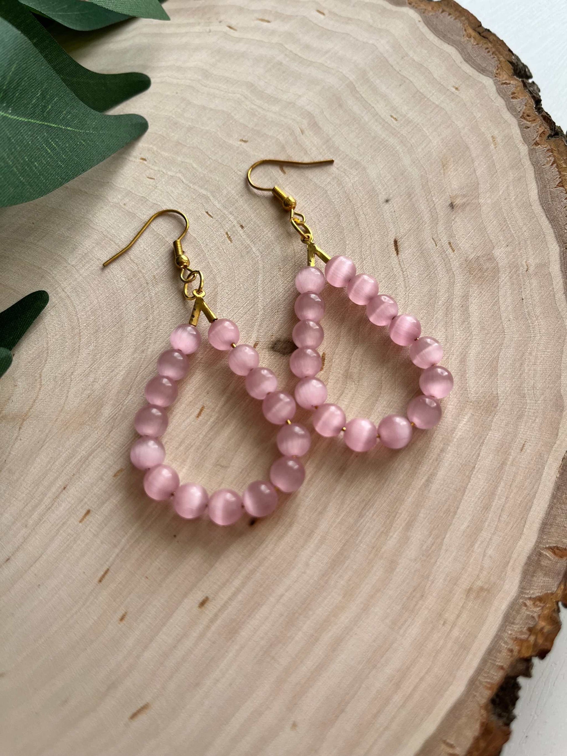 Pink Cat Eye Gold Opal Drop Earrings