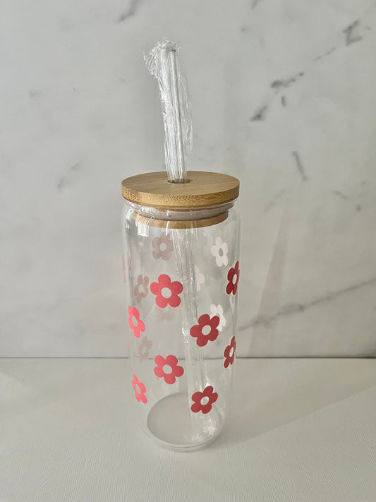 Pink flower 22oz glass tumbler, straw,& straw cleaner