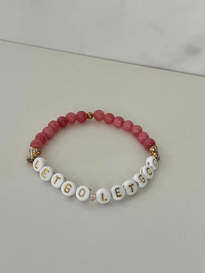 Let Go Let God Bracelet with pink glass marbled beads and gold crosses