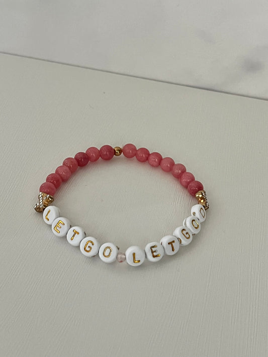 Let Go Let GOD pink glass marbled beads with gold sequined crosses, Christian religion unique gifts