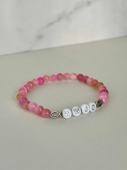 WWJD bead bracelet with multi-color natural stones, faith-inspired jewelry