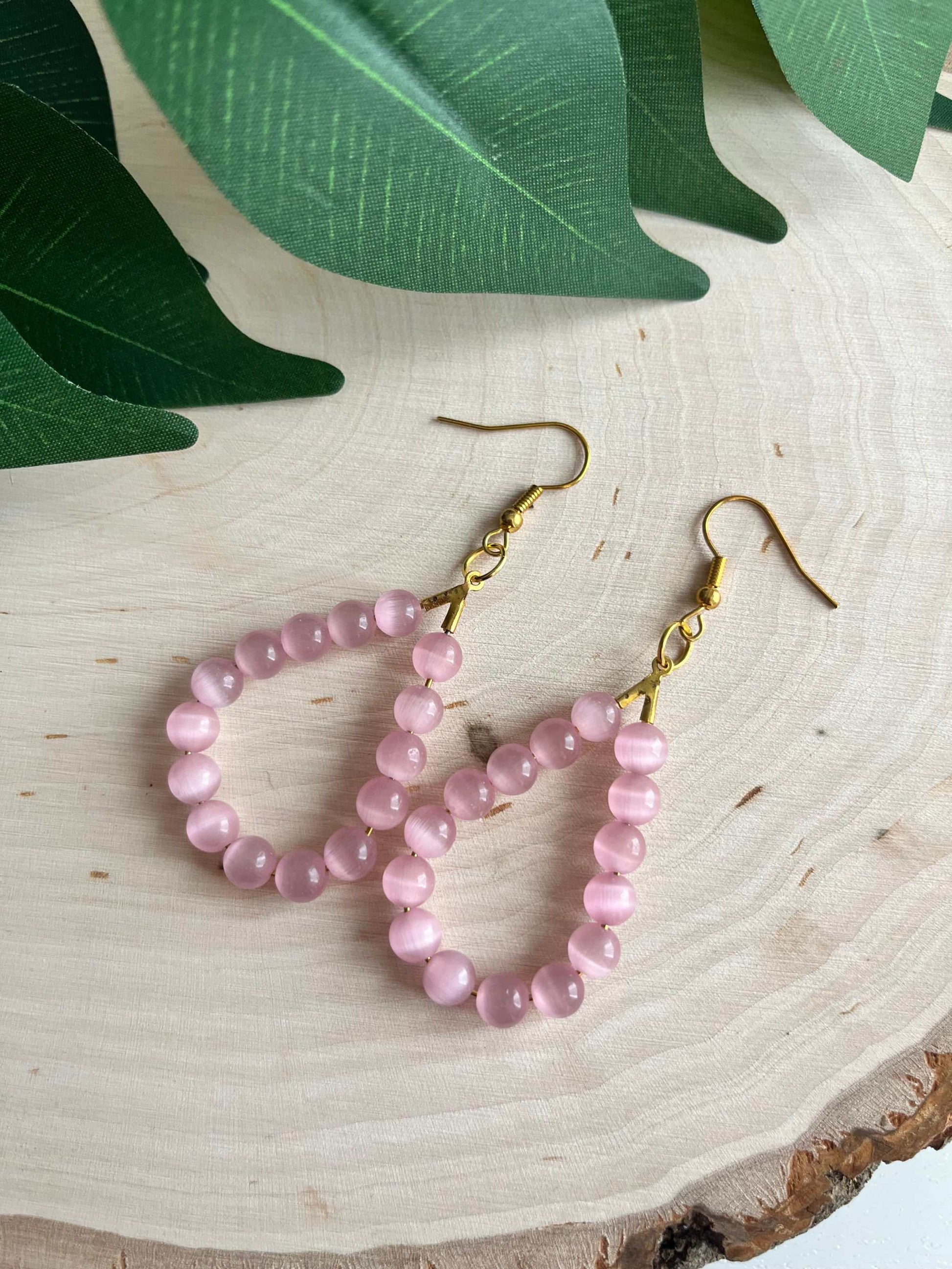 Pink Cat Eye Gold Opal Drop Earrings