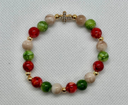 Jeweled Christmas gold cross or Christmas marbled beaded bracelet/ multiple colors and designs