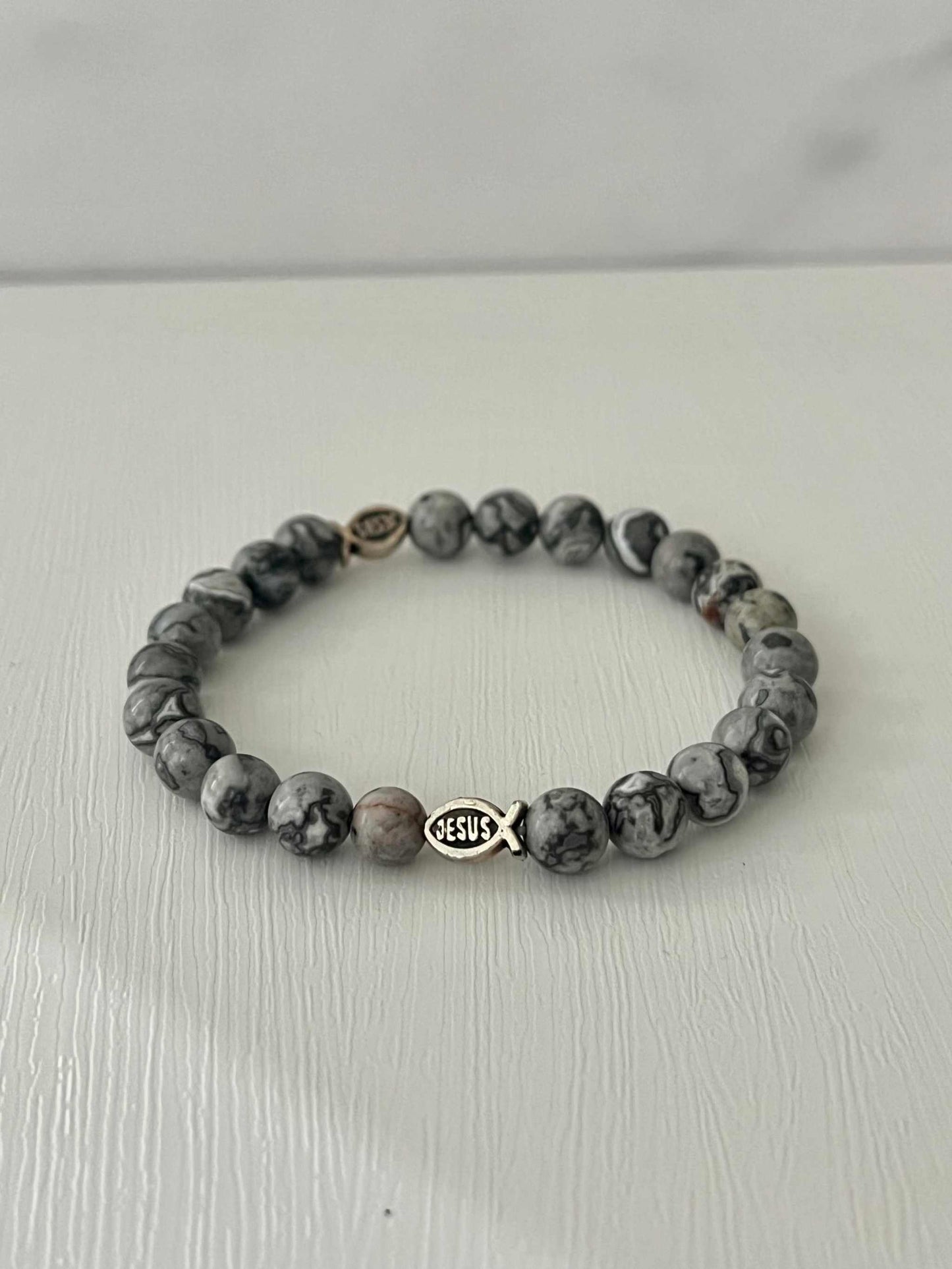 Gray Marble Jesus Fish Bead Bracelet - Spiritual Christian Jewelry