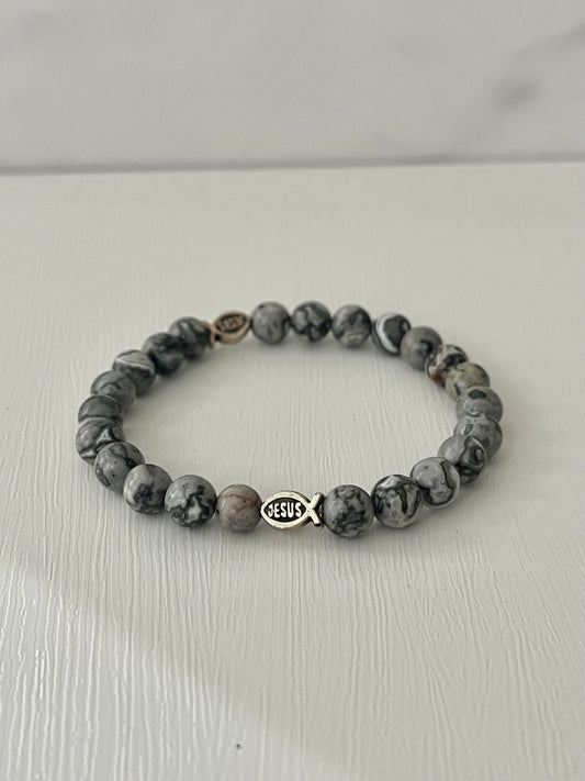 Jesus fish gray marble stone beaded bracelet, stone bracelet, unisex bracelet, black bracelet, spiritual bracelet, stack bracelet, unique