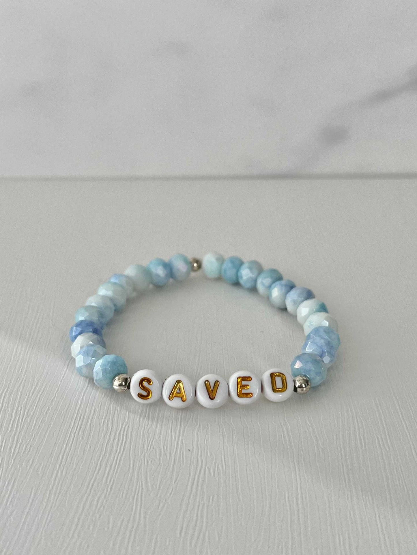 Saved Beaded Bracelet with mint or blue white jade faceted beads, faith-inspired jewelry