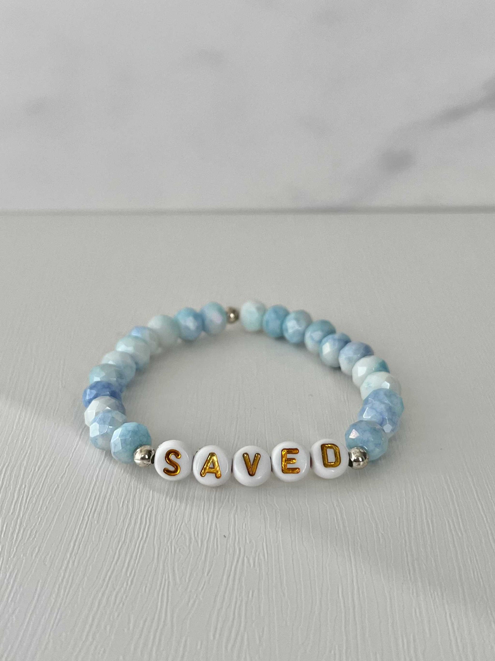 Saved Beaded Bracelet with mint or blue white jade faceted beads, faith-inspired jewelry