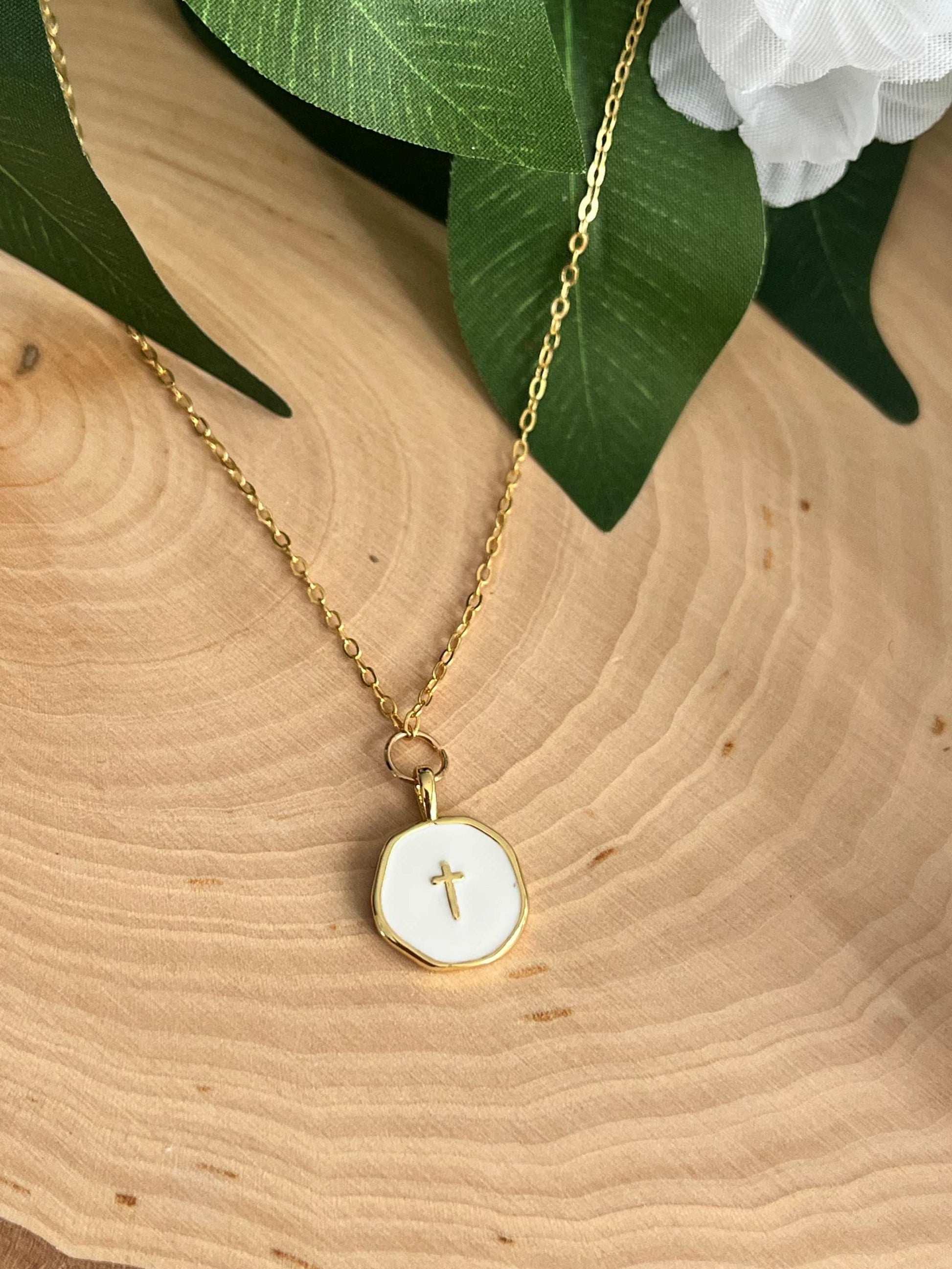 Gold Necklace with 16K White Cross Pendant