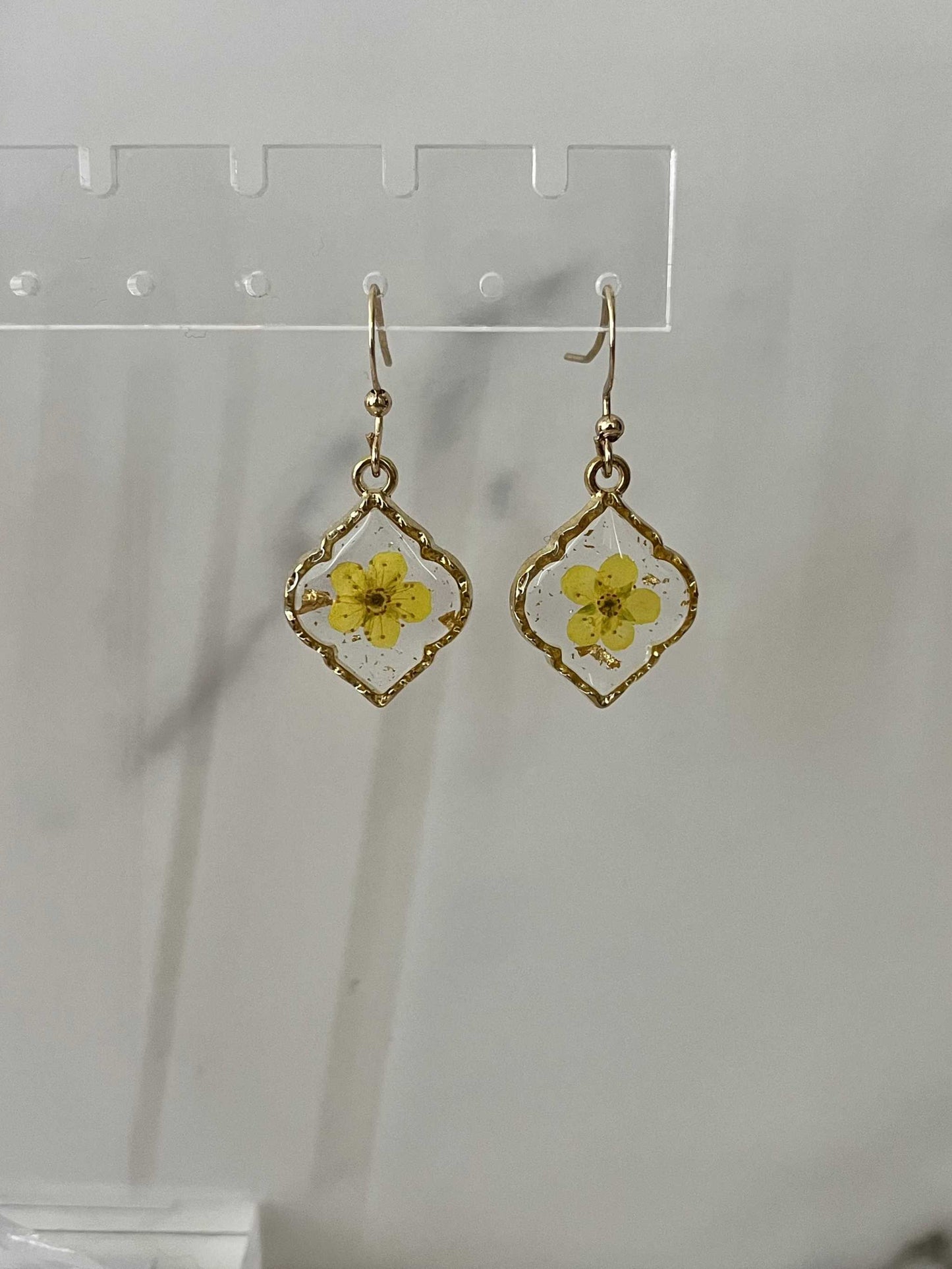 Yellow Flower Gold Earrings with dried flowers, minimalist gold hook design