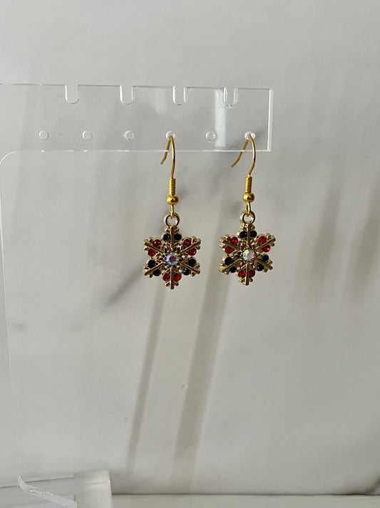 Christmas jeweled snowflake gold earrings