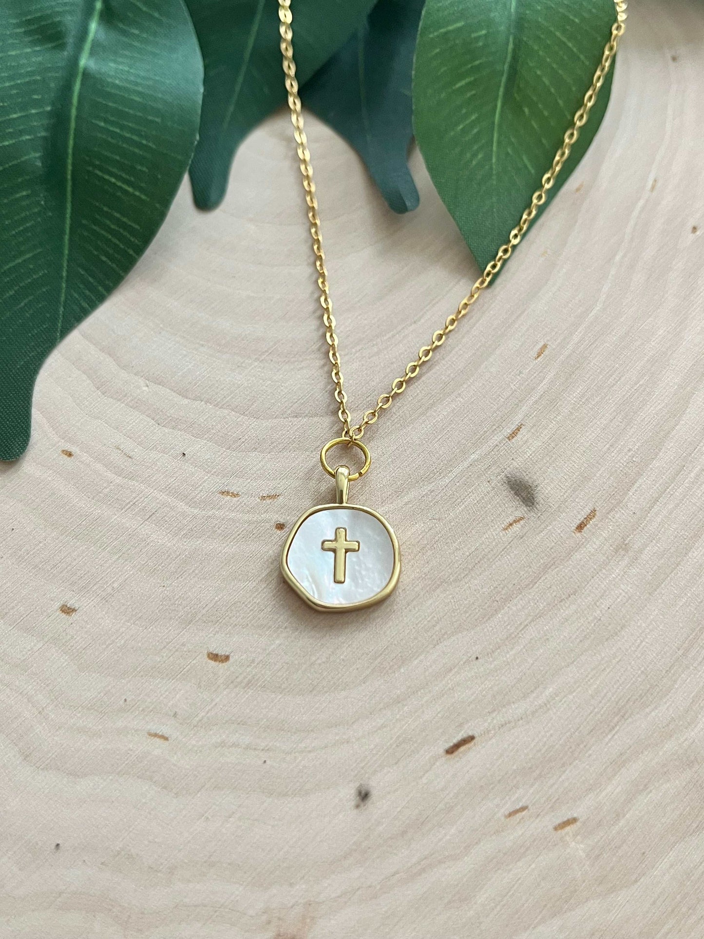 16K gold necklace with pearl cross, Simply in Christ collection.