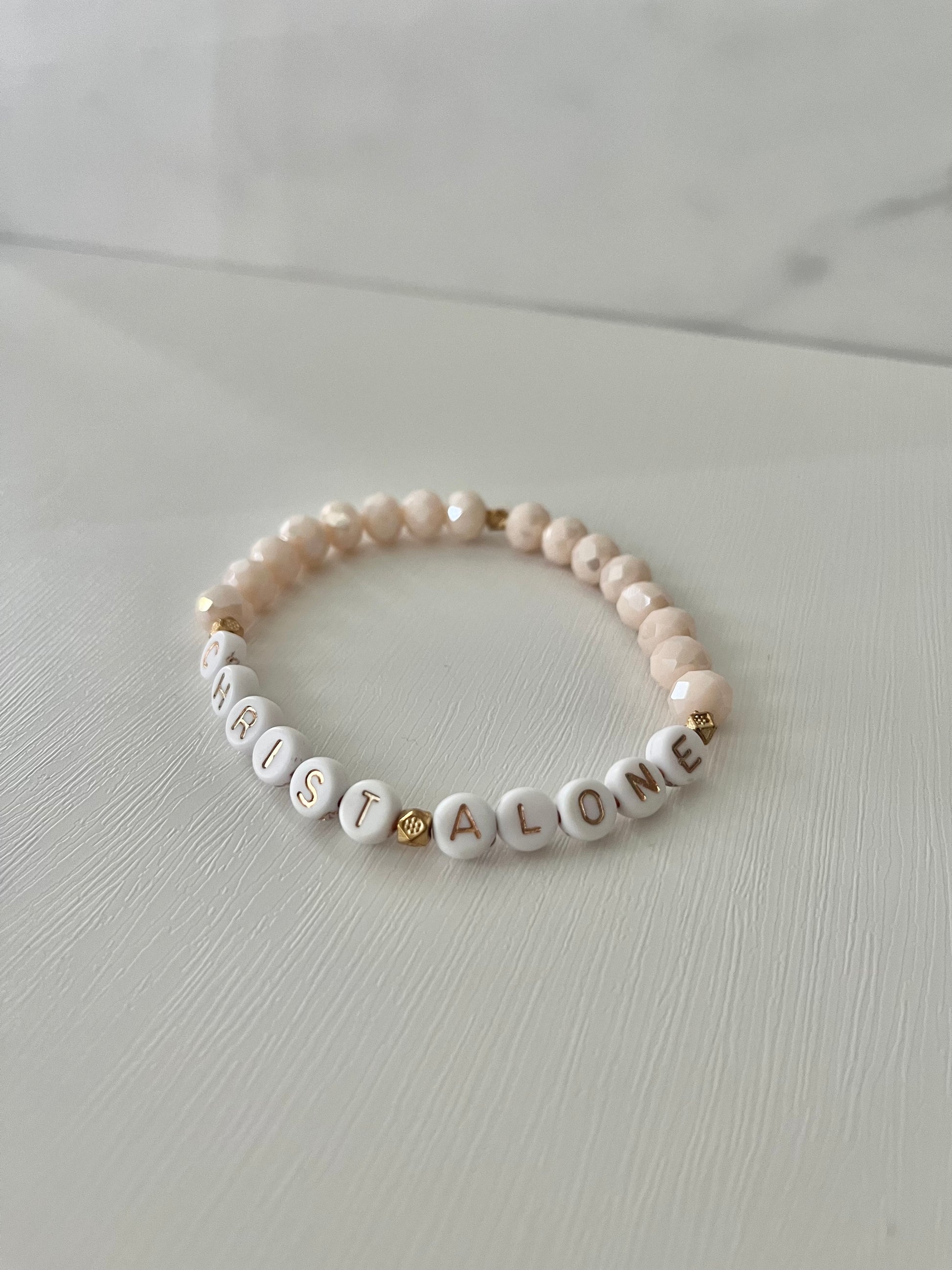 Christ Alone white stone or peach faceted beaded bracelet