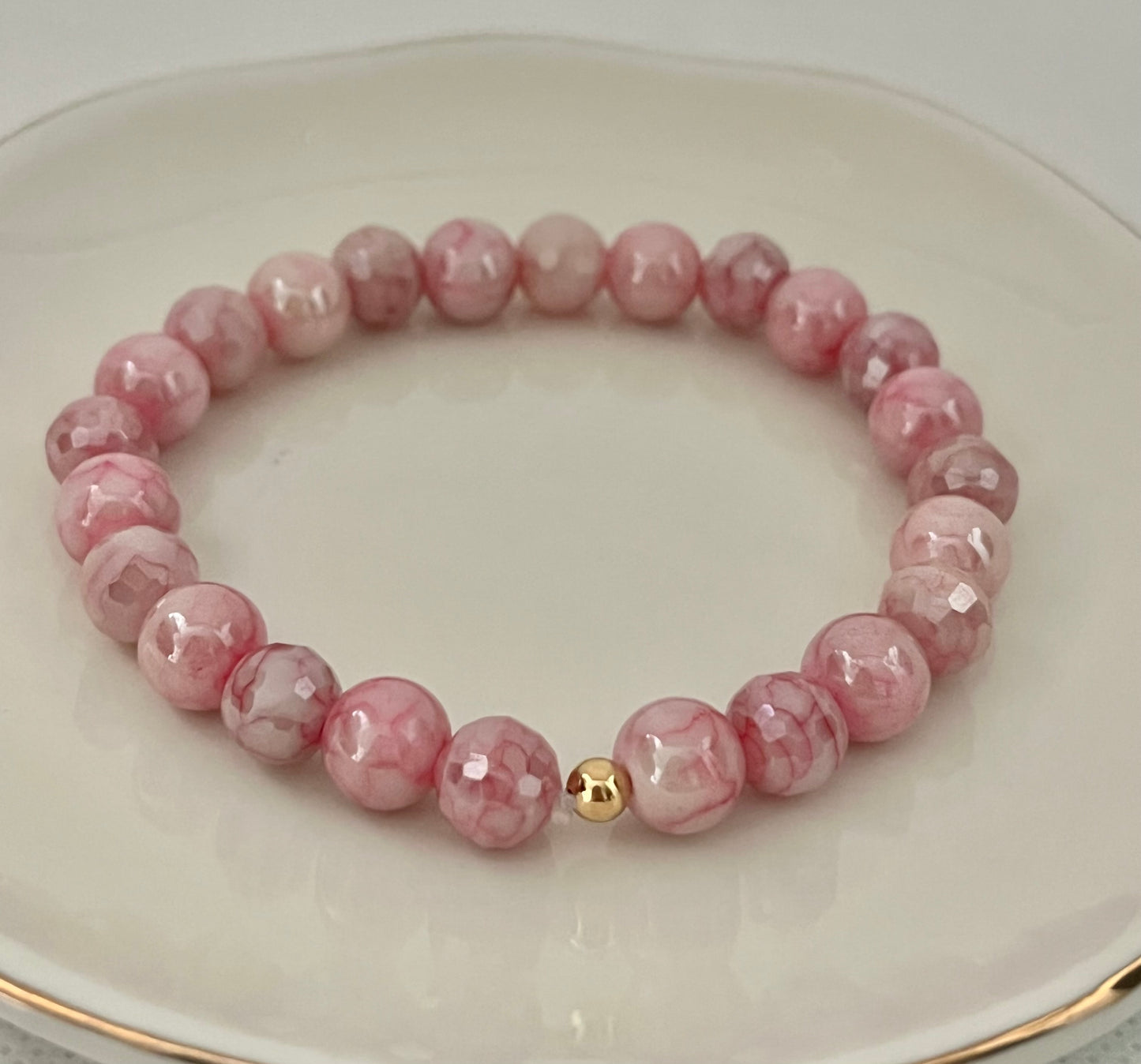 Pink white marbled glass beaded bracelet