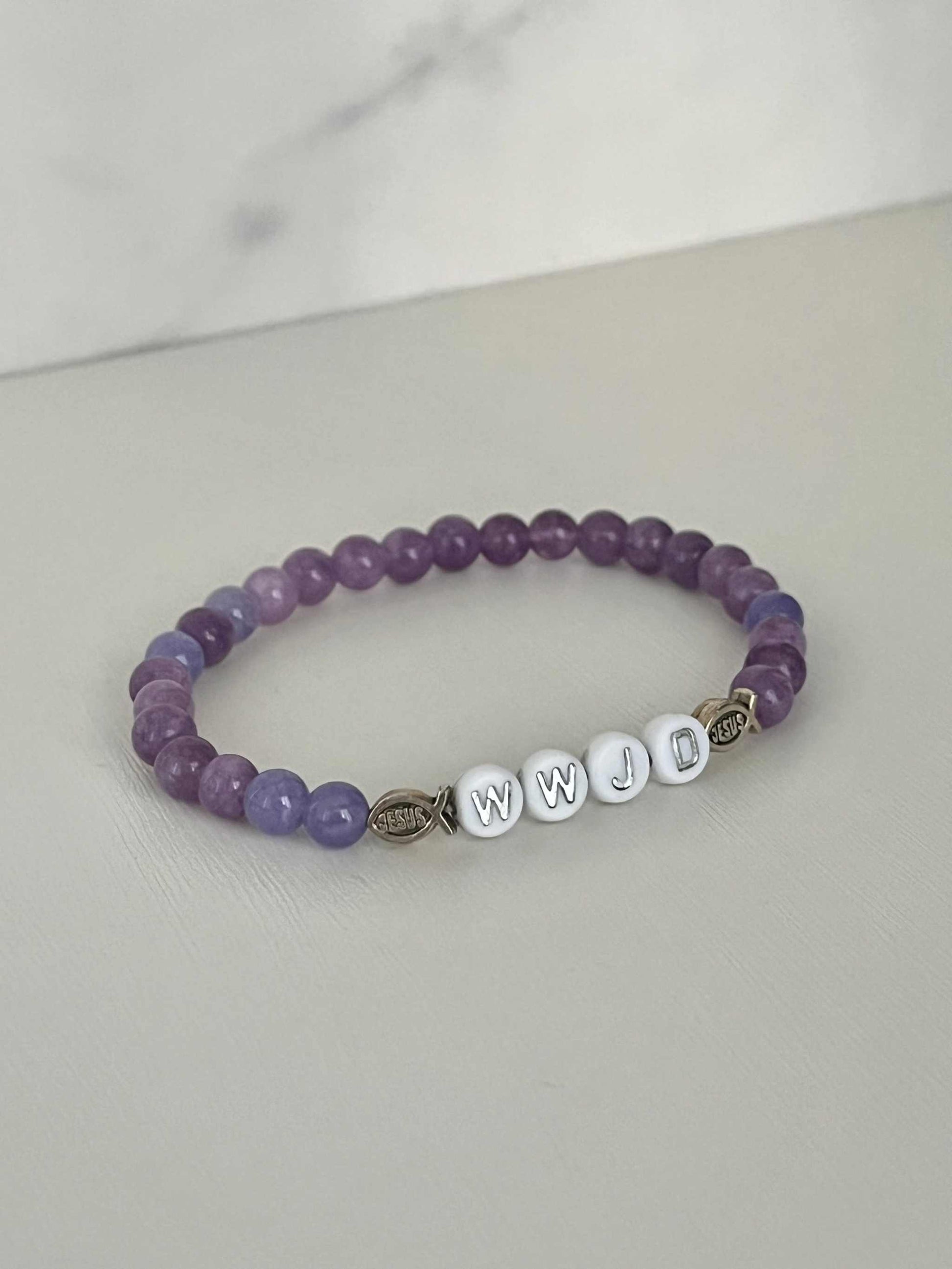 WWJD bead bracelet with multi-color natural stones, faith-inspired jewelry