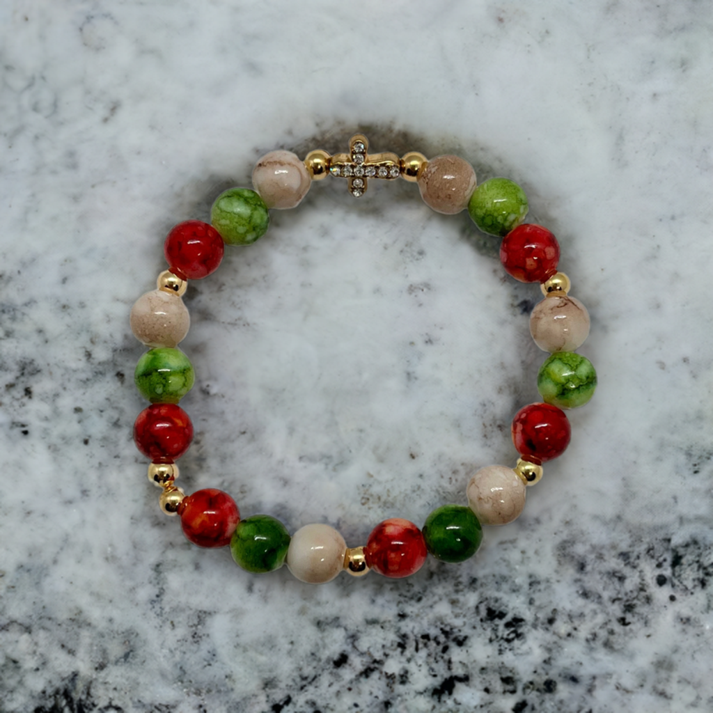 Jeweled Christmas gold cross or Christmas marbled beaded bracelet/ multiple colors and designs