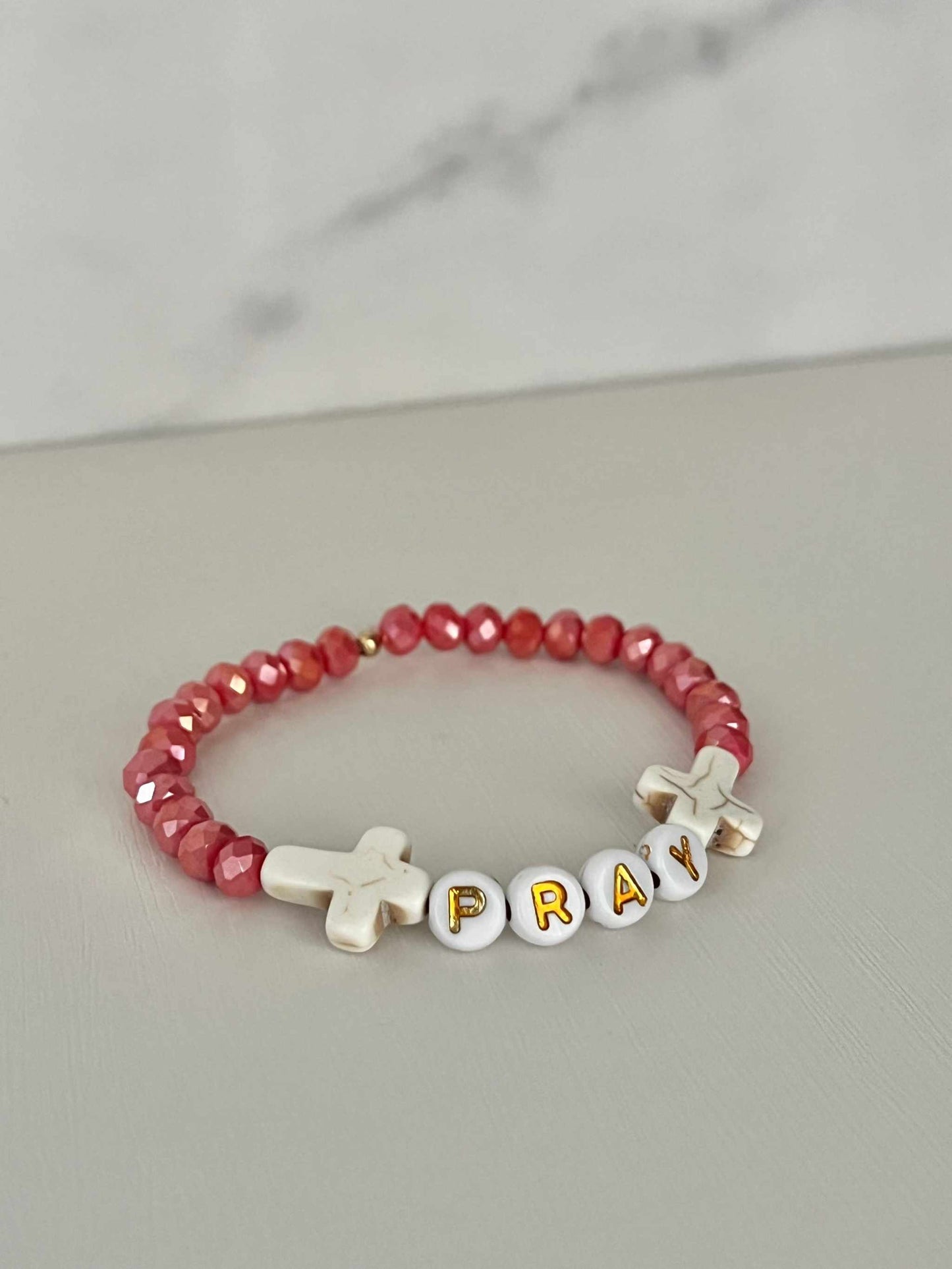 Pray Red Faceted Beaded Bracelet, handcrafted Christian bracelet with red faceted beads