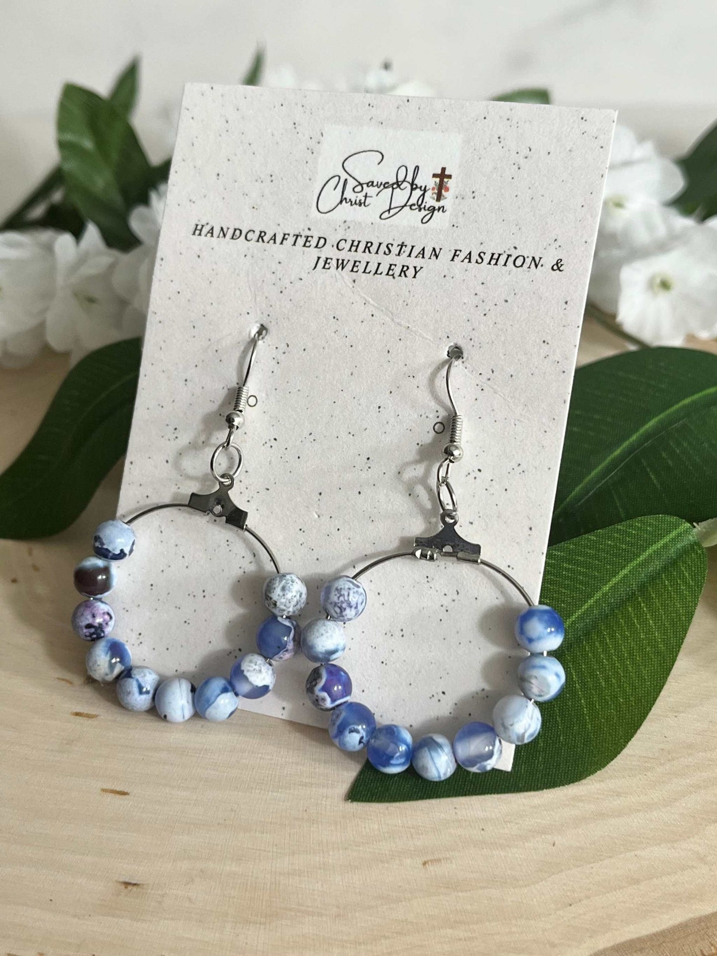 Blue White Agate Earrings, natural stone jewelry for women
