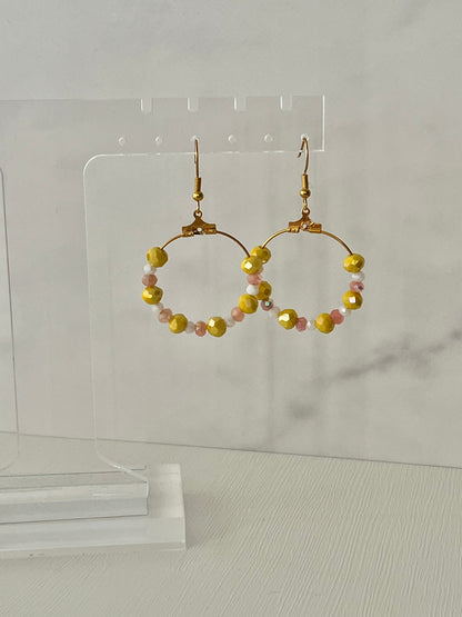 Yellow peach faceted glass gold hoop earrings