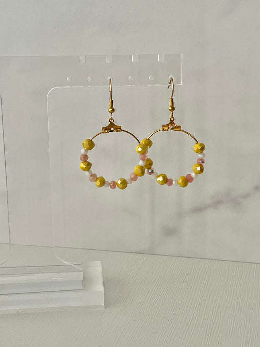 Yellow peach faceted glass gold hoop earrings