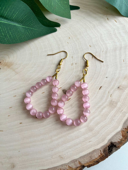 Pink Cat Eye Gold Opal Drop Earrings