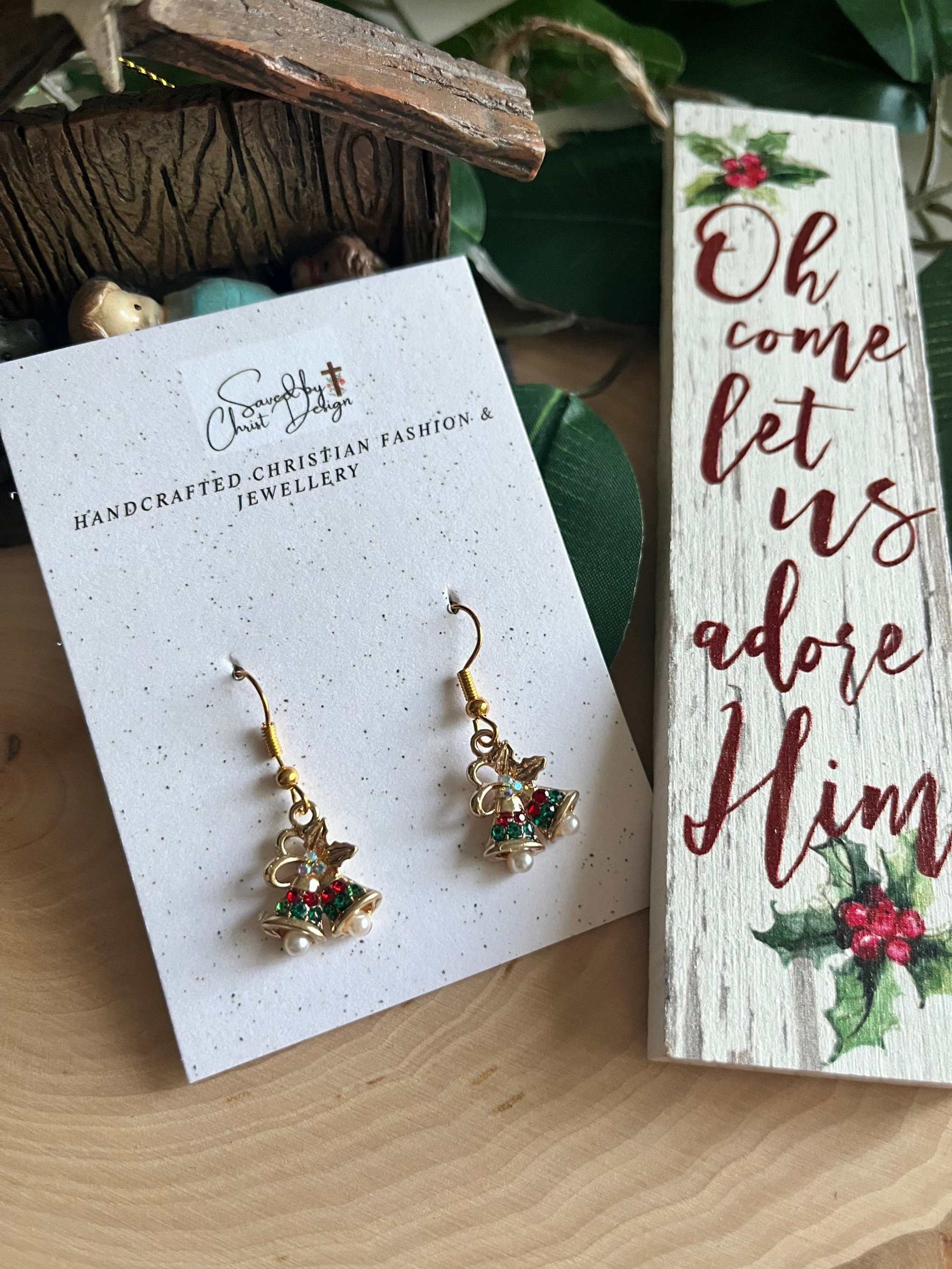 Jeweled gold Christmas bell earrings, festive holiday jewelry
