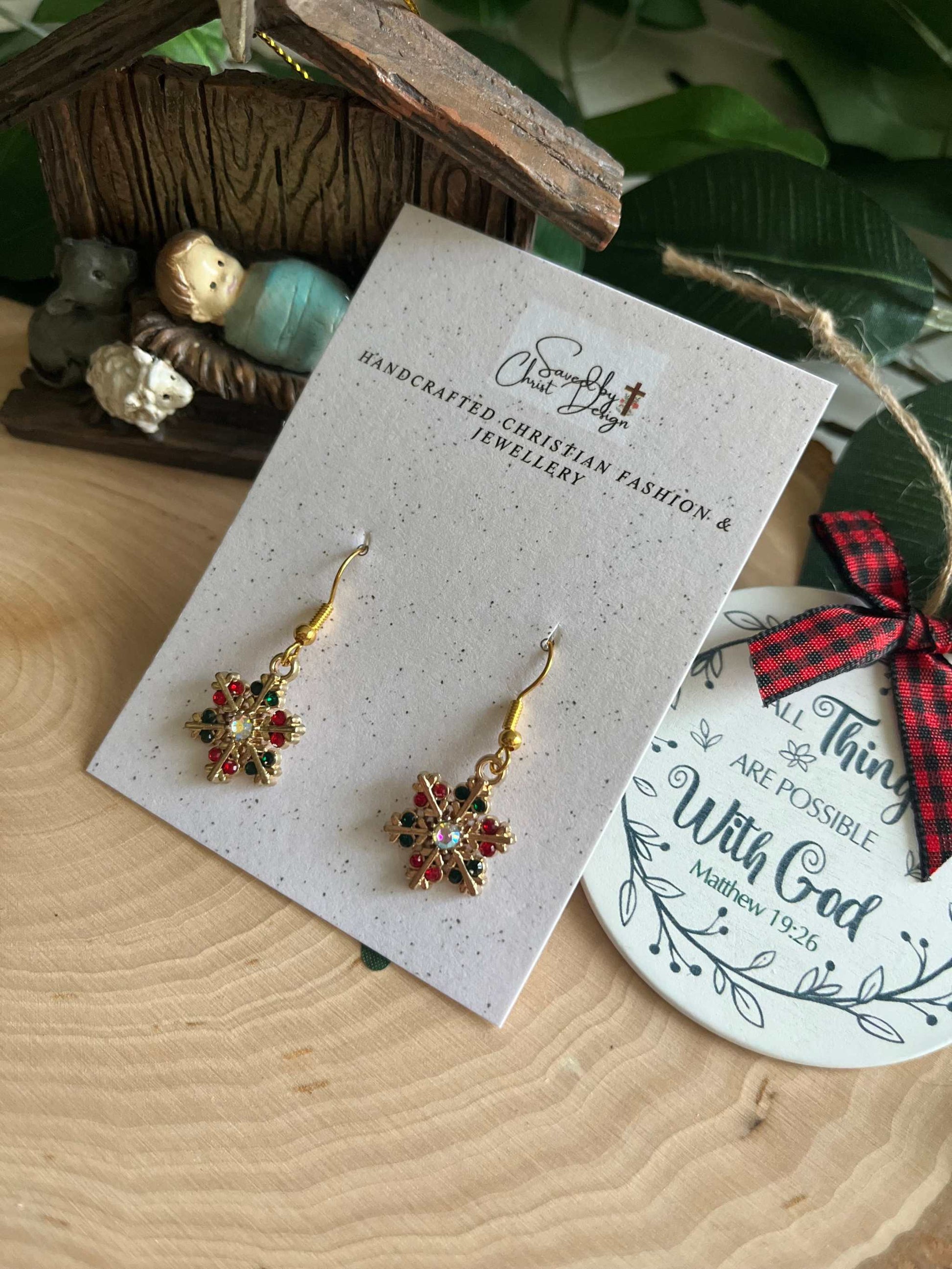 Christmas Earrings with Jeweled Snowflake Gold – Festive Holiday Jewelry

