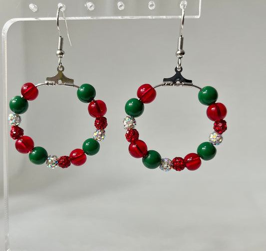 Christmas jeweled silver hoop earrings