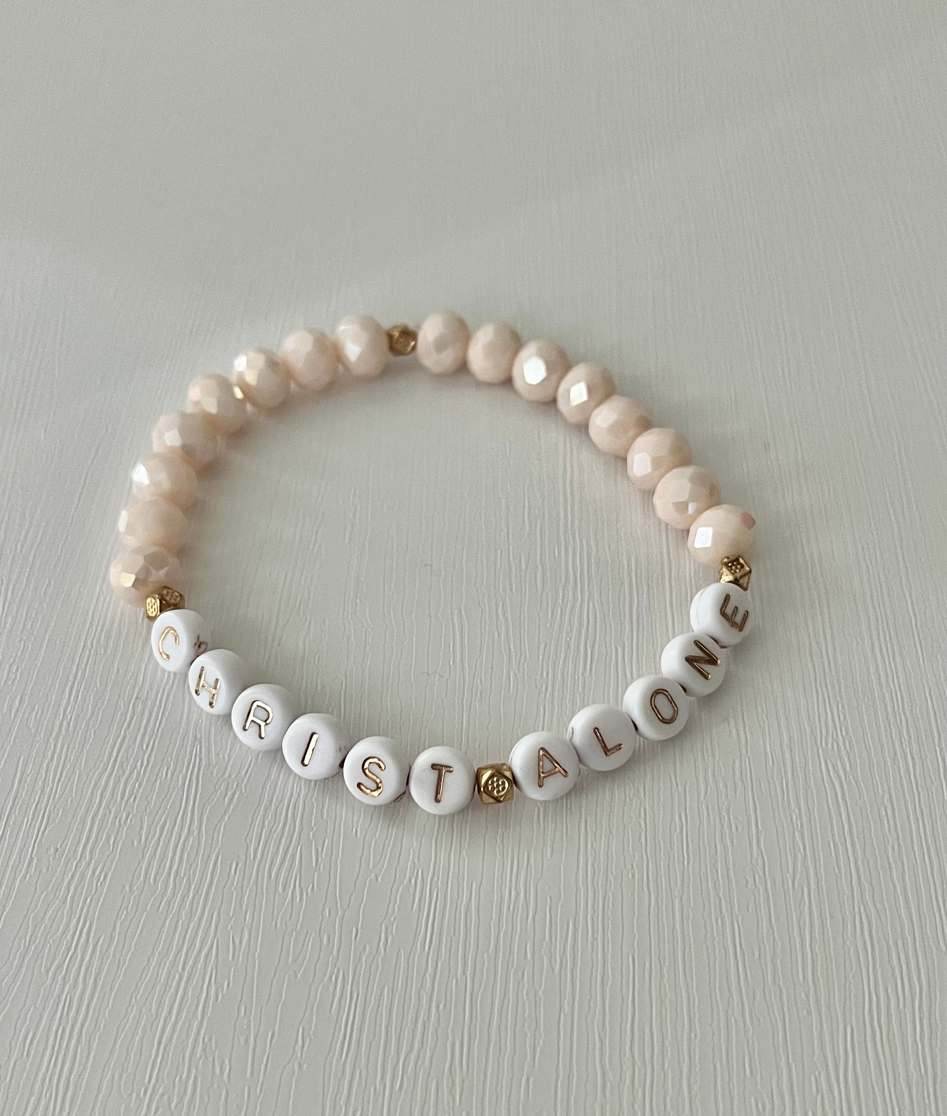 Christ Alone white stone or peach faceted beaded bracelet