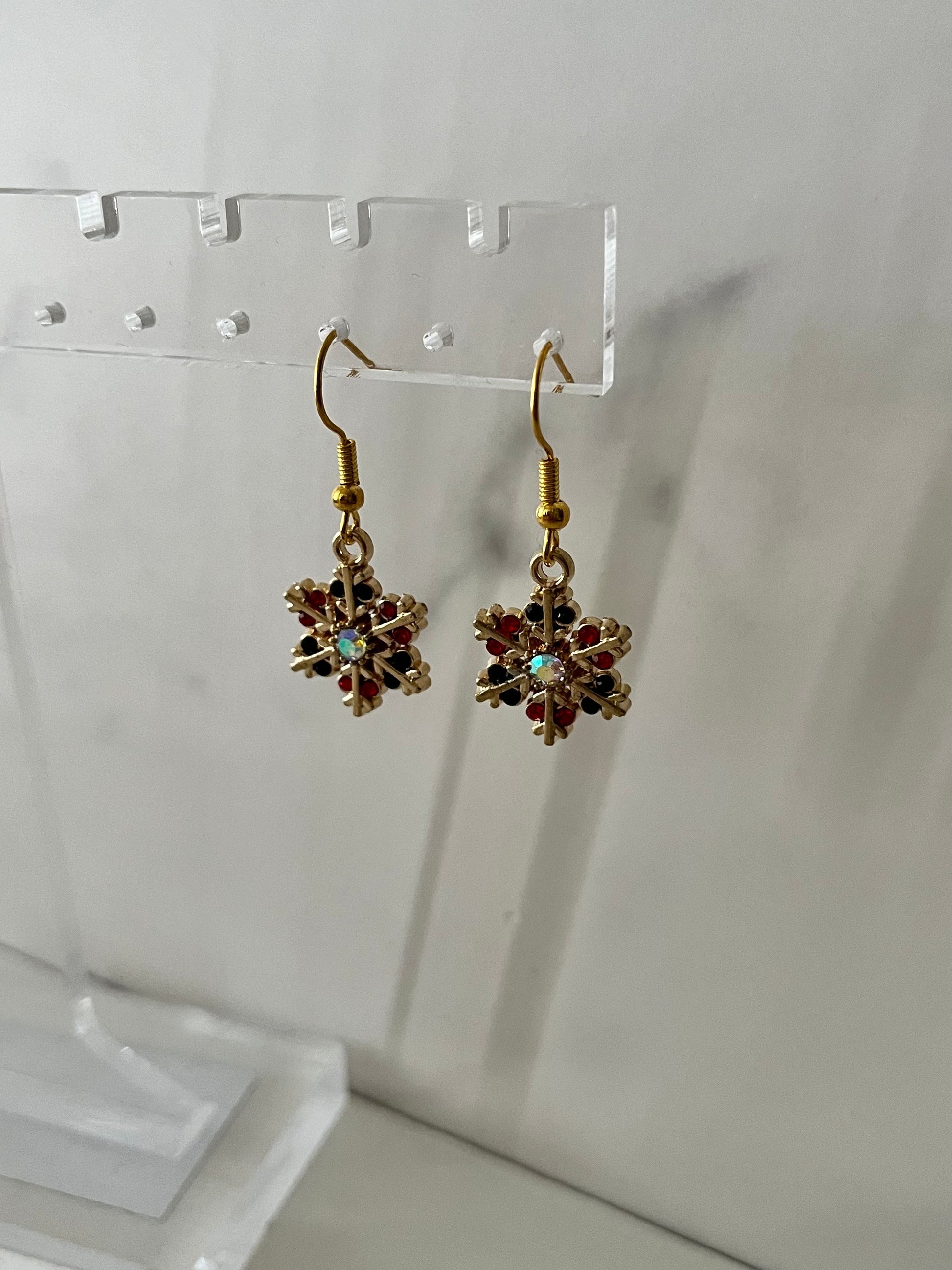 Christmas jeweled snowflake gold earrings