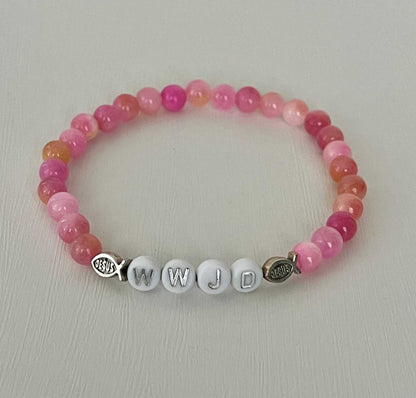 WWJD bead bracelet with multi-color natural stones, faith-inspired jewelry