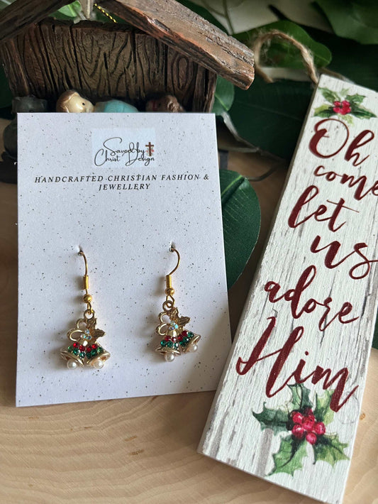 Jeweled gold Christmas bell earrings, festive holiday jewelry
