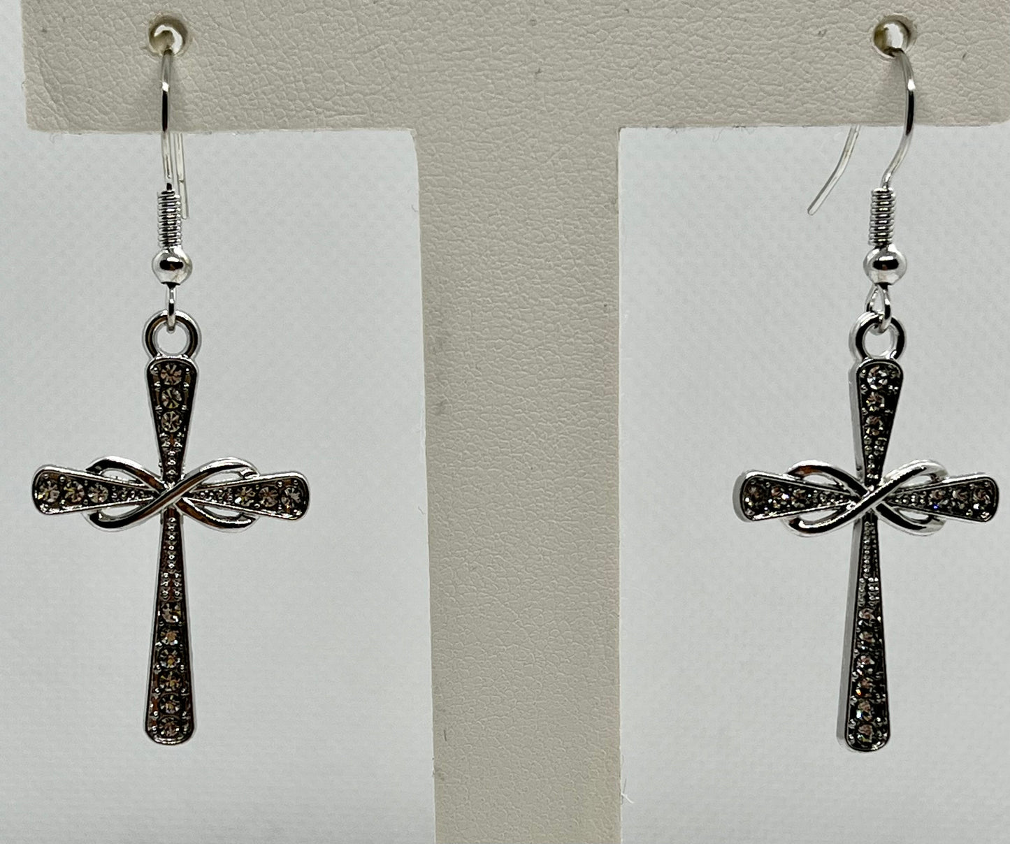 Silver jeweled cross hook earrings