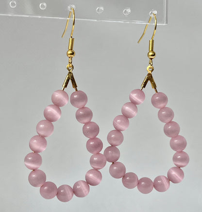 Pink cat’s eye opal gold drop earrings