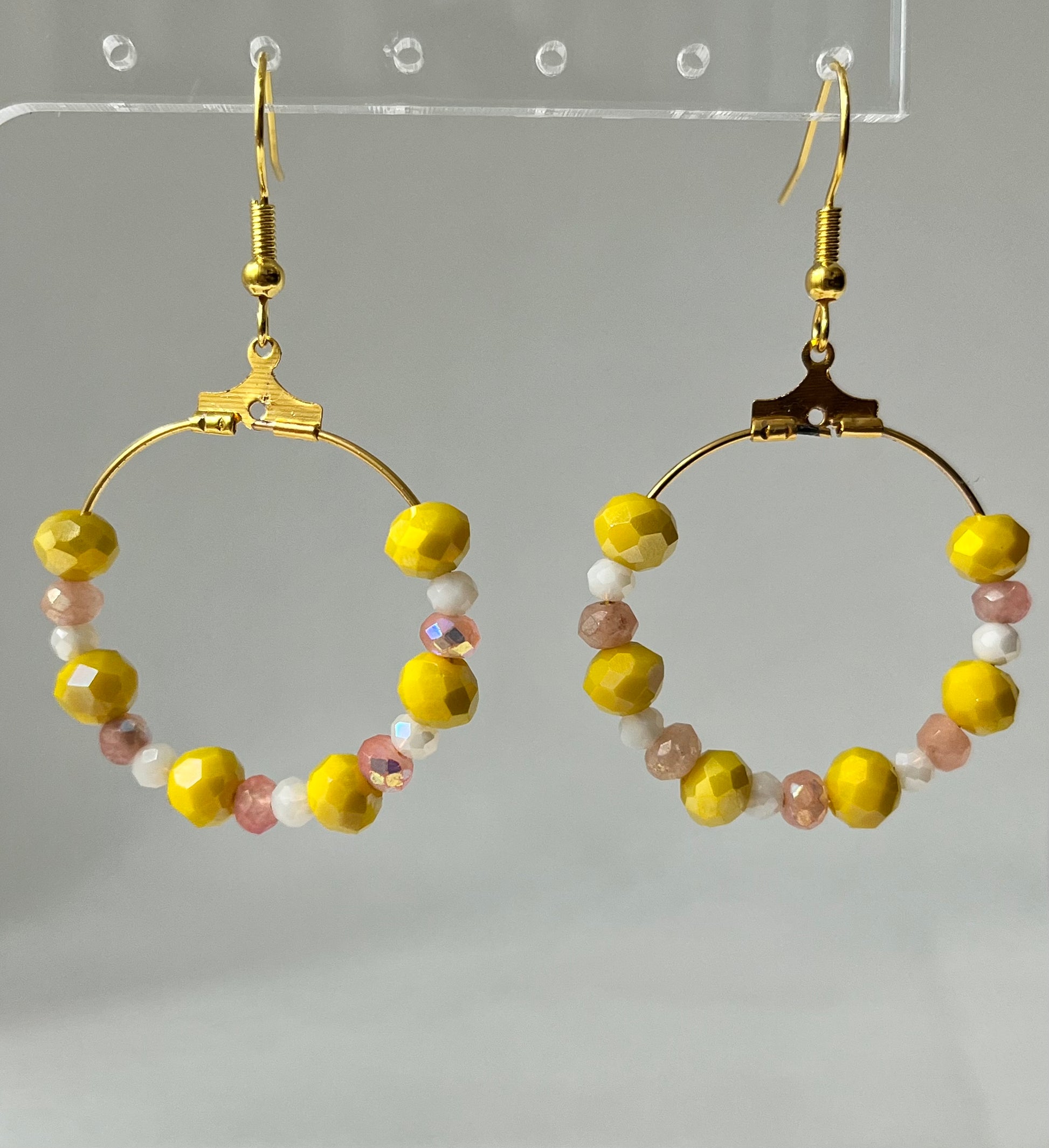 Yellow peach faceted glass gold hoop earrings