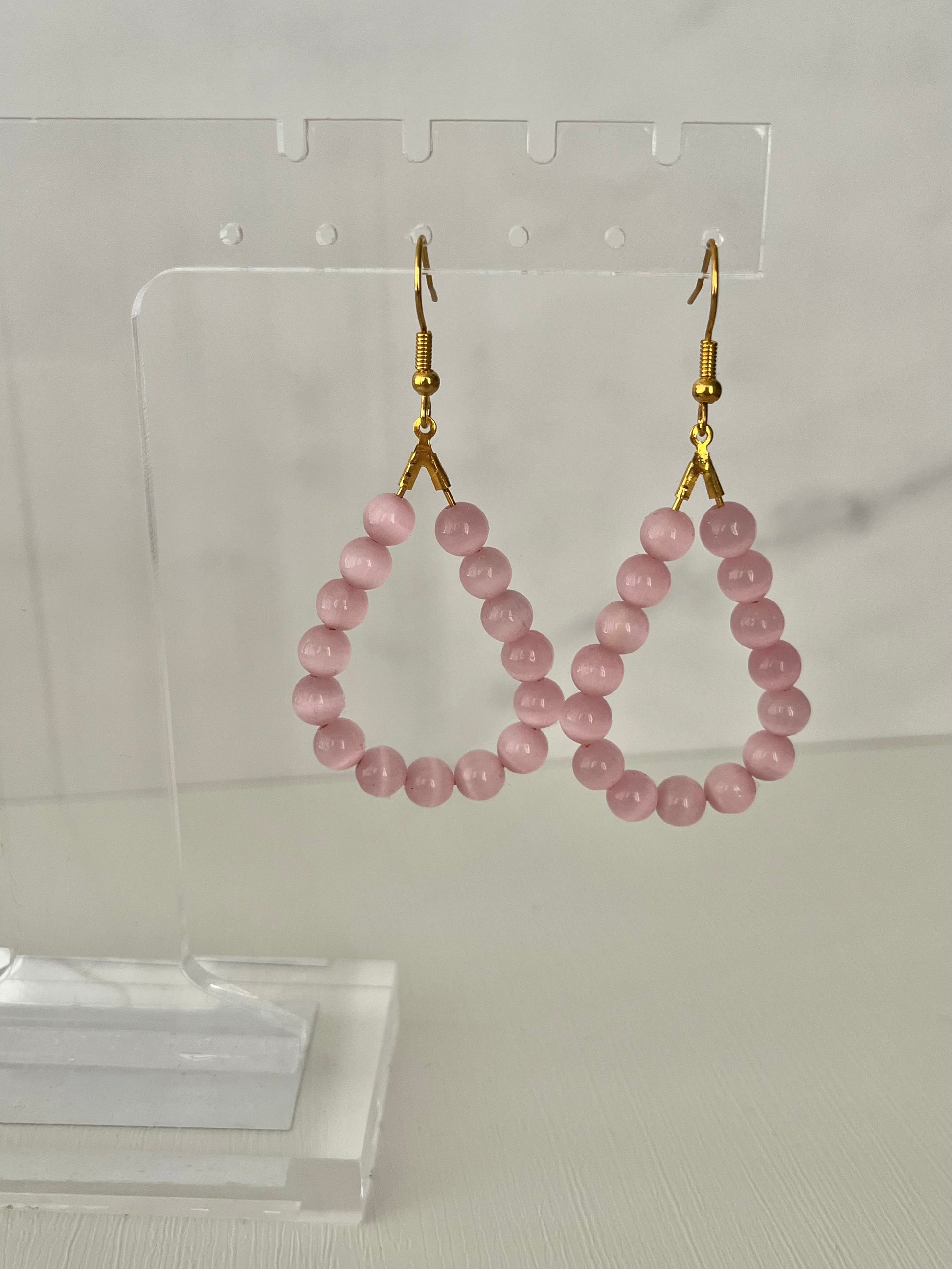 Pink cat’s eye opal gold drop earrings